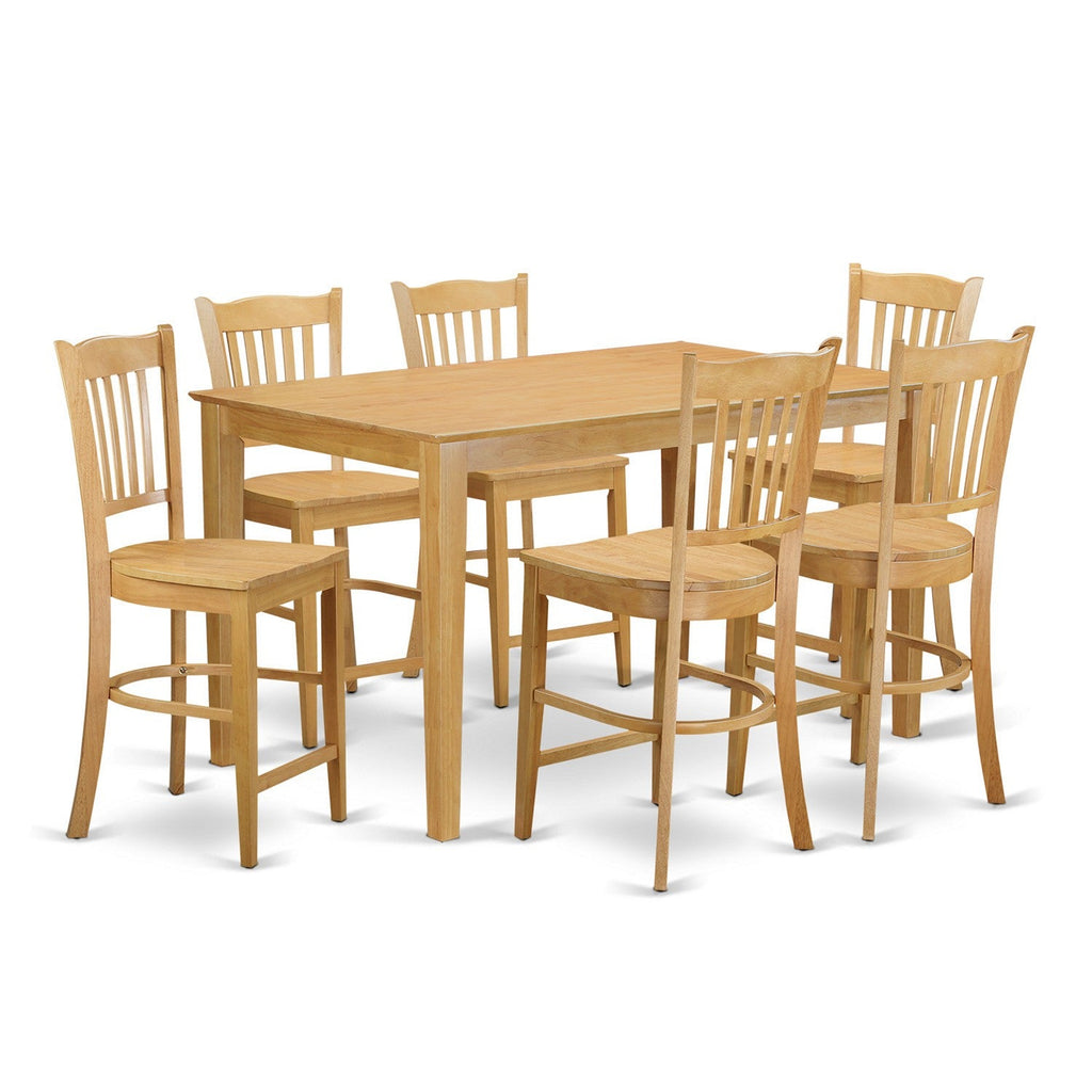 East West Furniture CAGR7H-OAK-W 7 Piece Counter Height Dining Set Consist of a Rectangle Kitchen Table and 6 Dining Room Chairs, 36x60 Inch, Oak