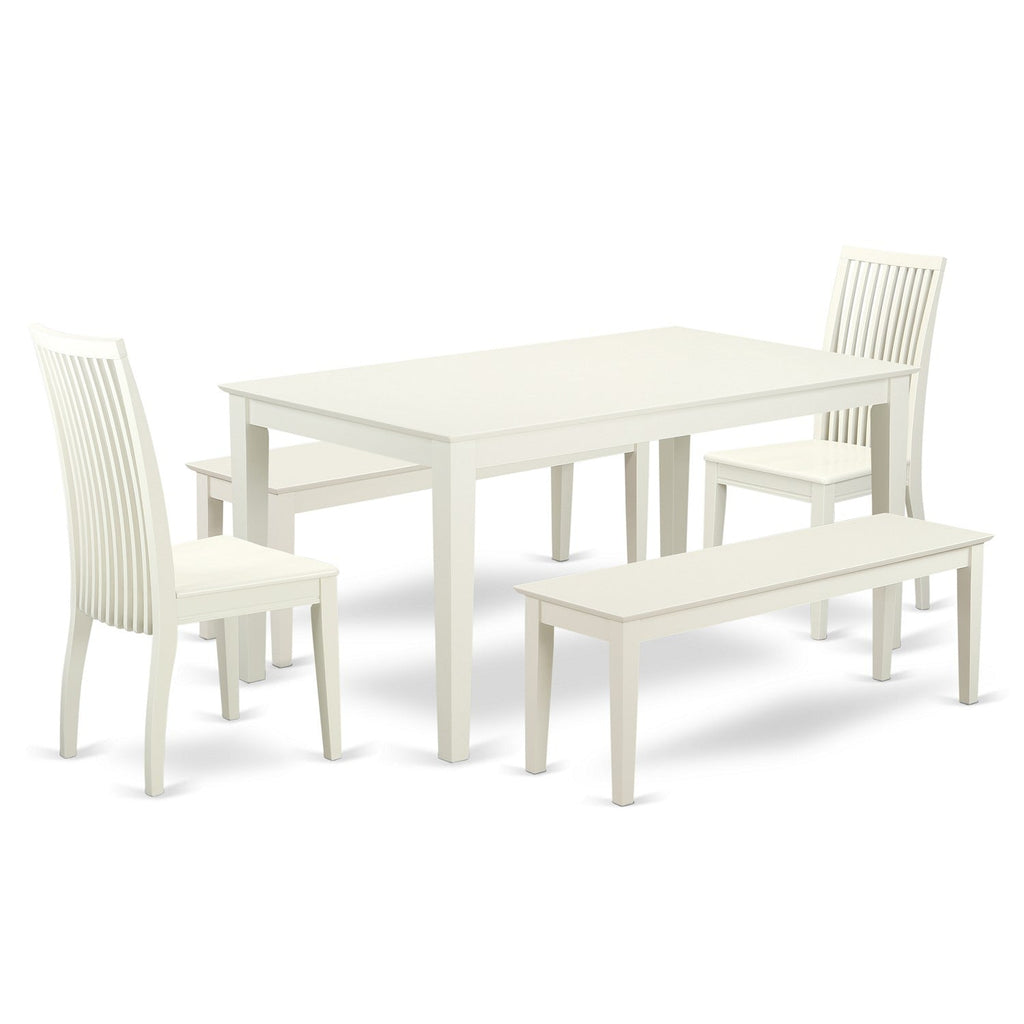 East West Furniture CAIP5C-LWH-W 5 Piece Kitchen Table & Chairs Set Includes a Rectangle Dining Table and 2 Dining Room Chairs with 2 Benches, 36x60 Inch, Linen White