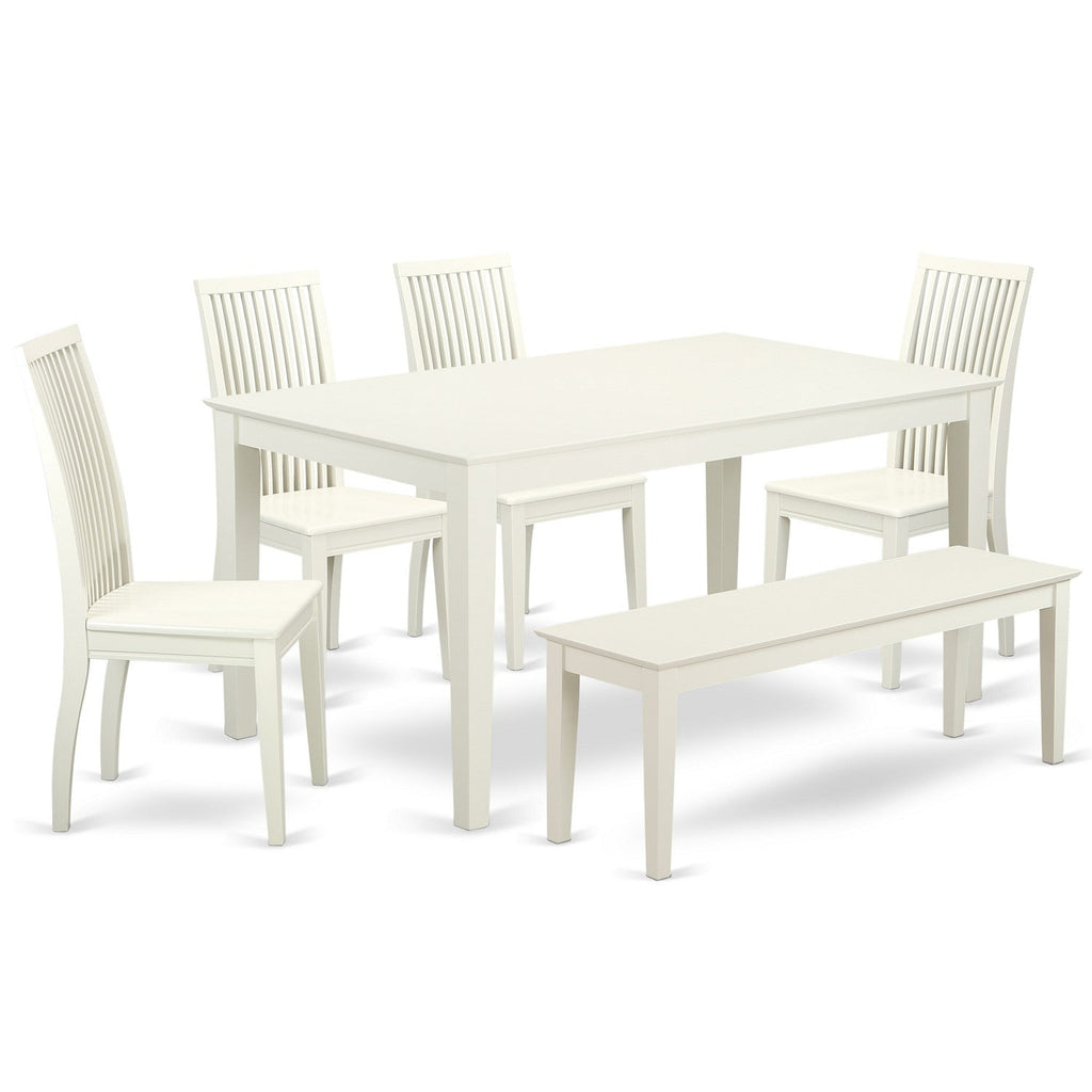 East West Furniture CAIP6-LWH-W 6 Piece Dining Table Set Contains a Rectangle Kitchen Table and 4 Dining Room Chairs with a Bench, 36x60 Inch, Linen White