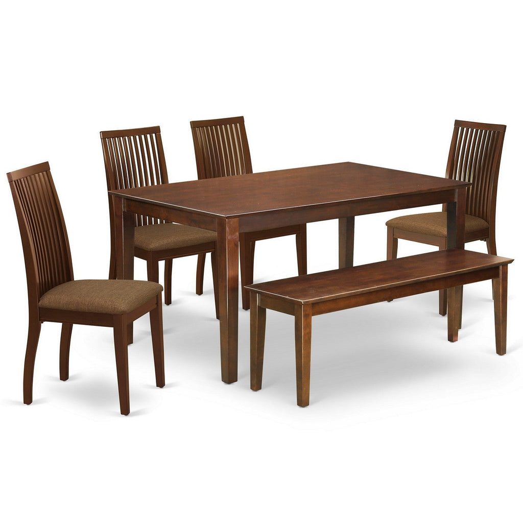 East West Furniture CAIP6-MAH-C 6 Piece Modern Dining Table Set Contains a Rectangle Wooden Table and 4 Linen Fabric Upholstered Chairs with a Bench, 36x60 Inch, Mahogany