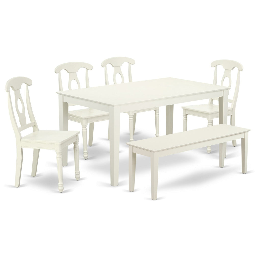 East West Furniture CAKE6-LWH-W 6 Piece Kitchen Table & Chairs Set Contains a Rectangle Dining Room Table and 4 Dining Chairs with a Bench, 36x60 Inch, Linen White