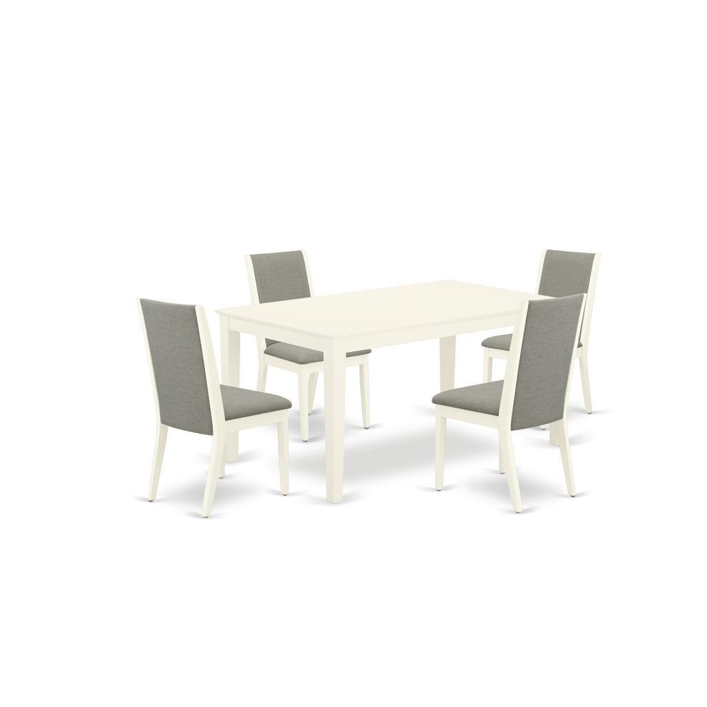 East West Furniture CALA5-LWH-06 5 Piece Dining Set Includes a Rectangle Dining Room Table and 4 Shitake Linen Fabric Upholstered Chairs, 36x60 Inch, Linen White