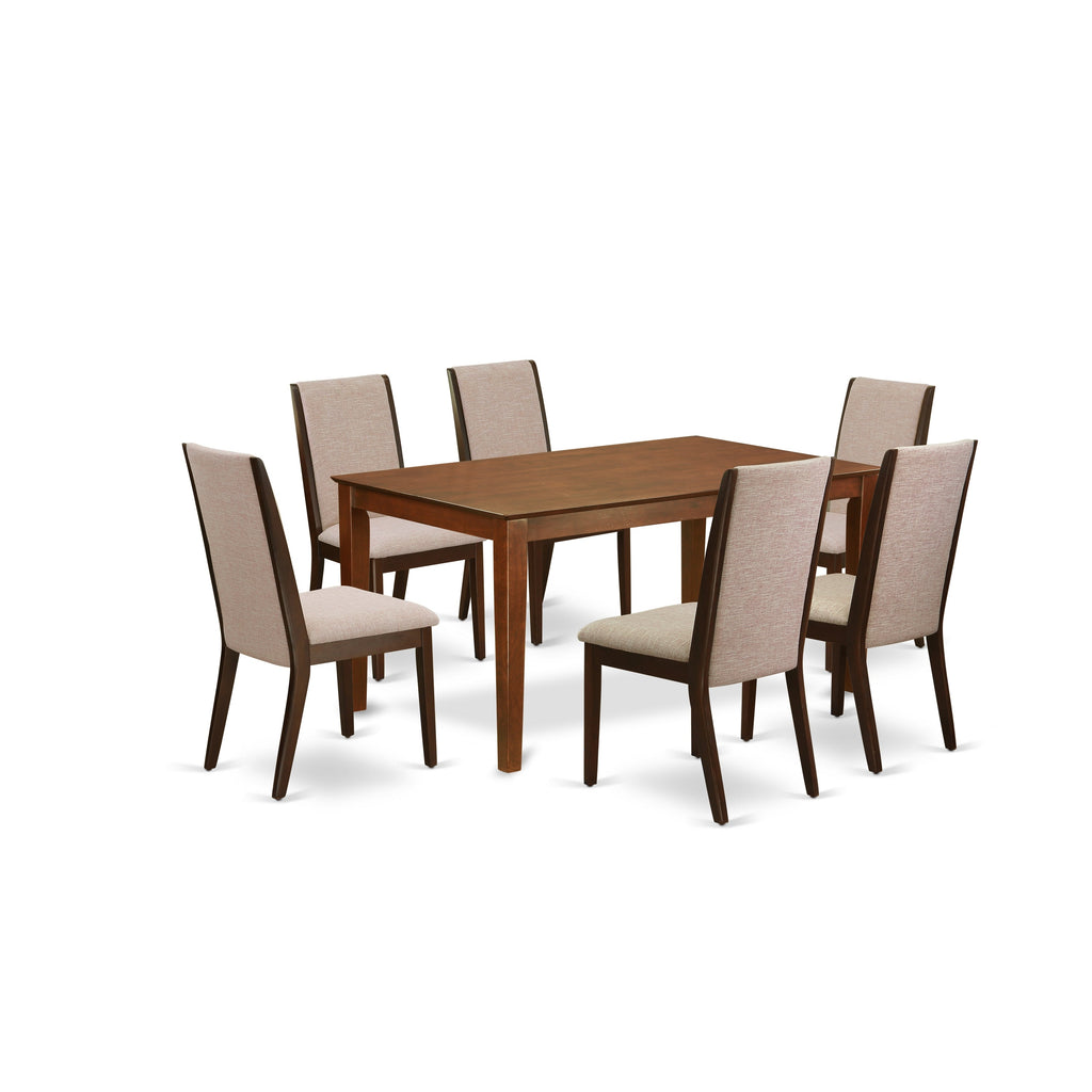 East West Furniture CALA7-MAH-04 7 Piece Dining Table Set Consist of a Rectangle Dining Room Table and 6 Light Tan Linen Fabric Upholstered Chairs, 36x60 Inch, Mahogany