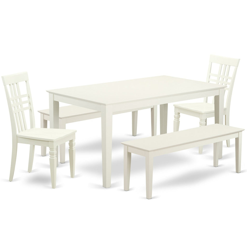 East West Furniture CALG5C-LWH-W 5 Piece Dining Room Table Set Includes a Rectangle Kitchen Table and 2 Dining Chairs with 2 Benches, 36x60 Inch, Linen White