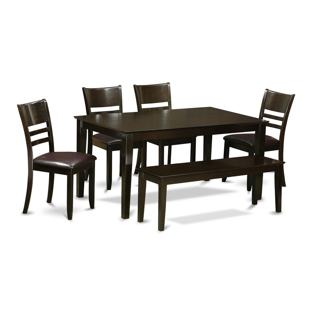 East West Furniture CALY6-CAP-LC 6 Piece Dining Set Contains a Rectangle Dining Room Table and 4 Faux Leather Kitchen Chairs with a Bench, 36x60 Inch, Cappuccino