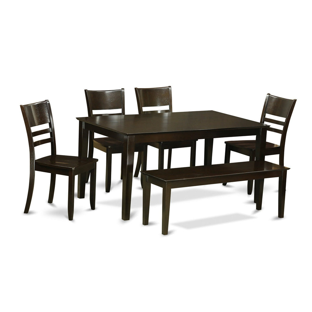 East West Furniture CALY6-CAP-W 6 Piece Kitchen Table & Chairs Set Contains a Rectangle Dining Table and 4 Dining Room Chairs with a Bench, 36x60 Inch, Cappuccino