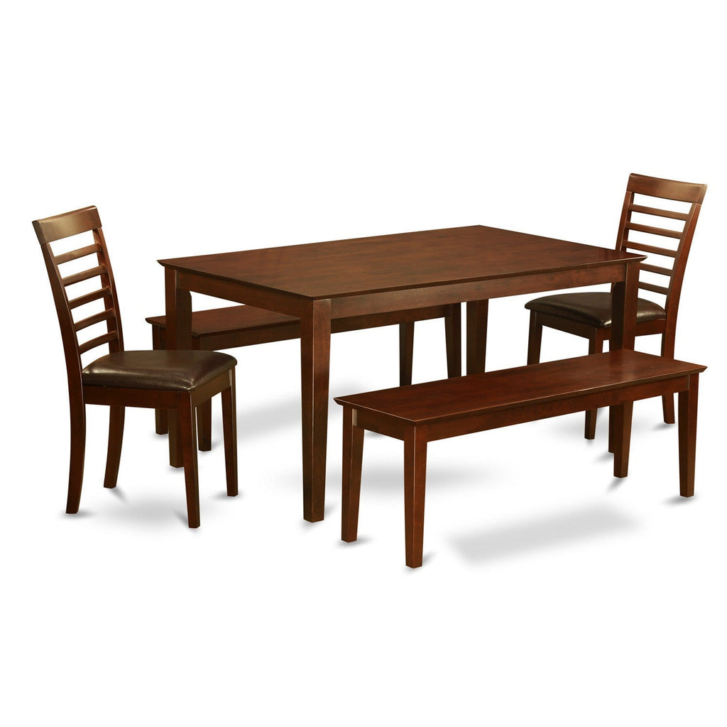 East West Furniture CAML5C-MAH-LC 5 Piece Dining Room Furniture Set Includes a Rectangle Kitchen Table and 2 Faux Leather Dining Chairs with 2 Benches, 36x60 Inch, Mahogany