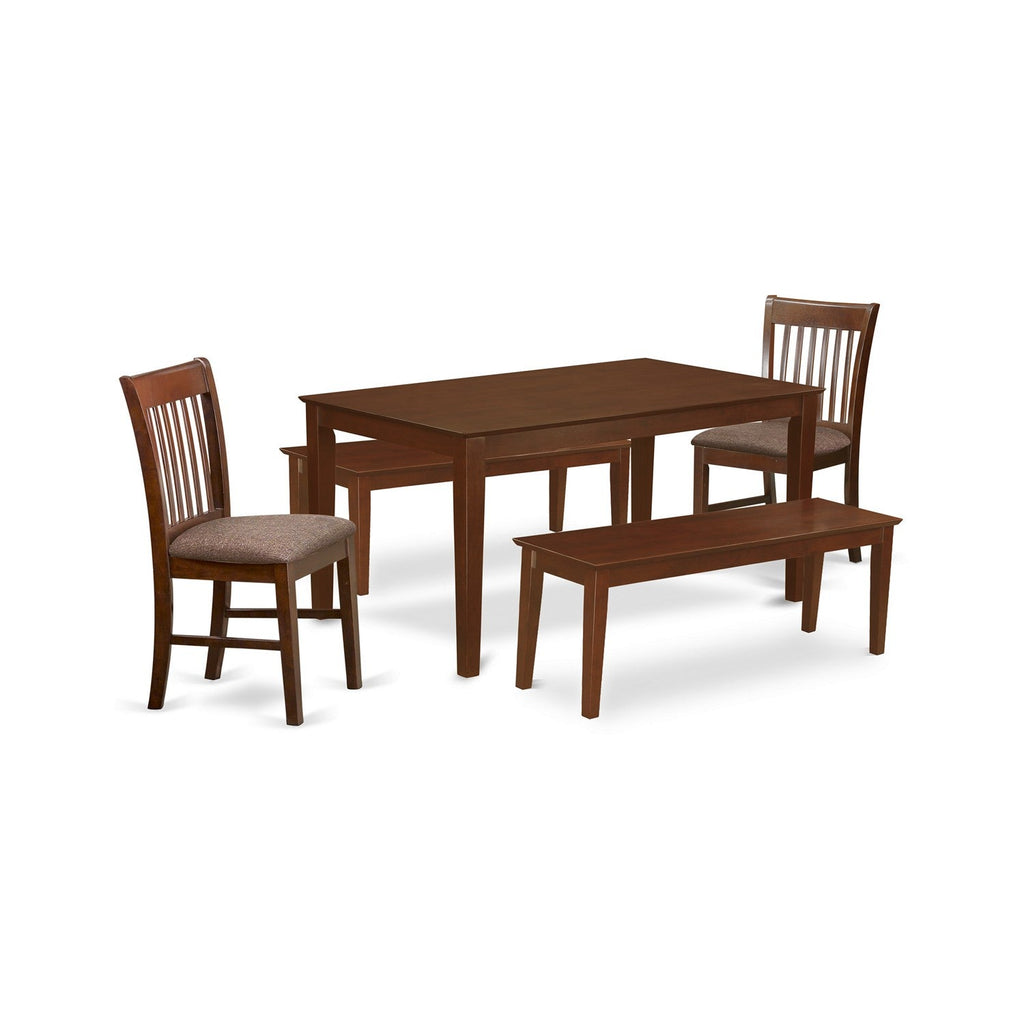 East West Furniture CANO5C-MAH-C 5 Piece Dining Set Includes a Rectangle Solid Wood Table and 2 Linen Fabric Kitchen Chairs with 2 Benches, 36x60 Inch, Mahogany
