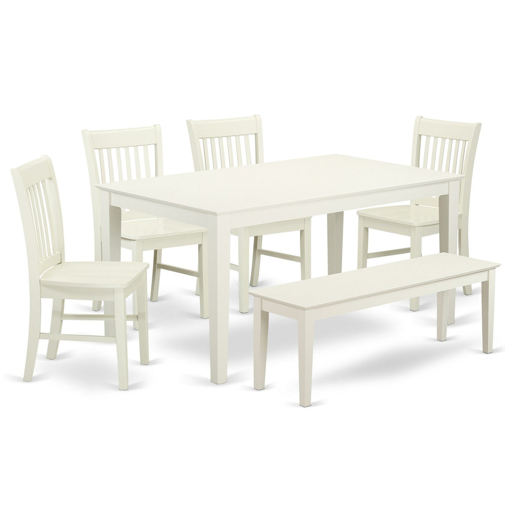 East West Furniture CANO6-LWH-W 6 Piece Modern Dining Table Set Contains a Rectangle Wooden Table and 4 Dining Chairs with a Bench, 36x60 Inch, Linen White