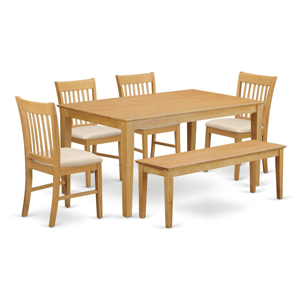 East West Furniture CANO6-OAK-C 6 Piece Kitchen Table & Chairs Set Contains a Rectangle Dining Room Table and 4 Linen Fabric Dining Chairs with a Bench, 36x60 Inch, Oak