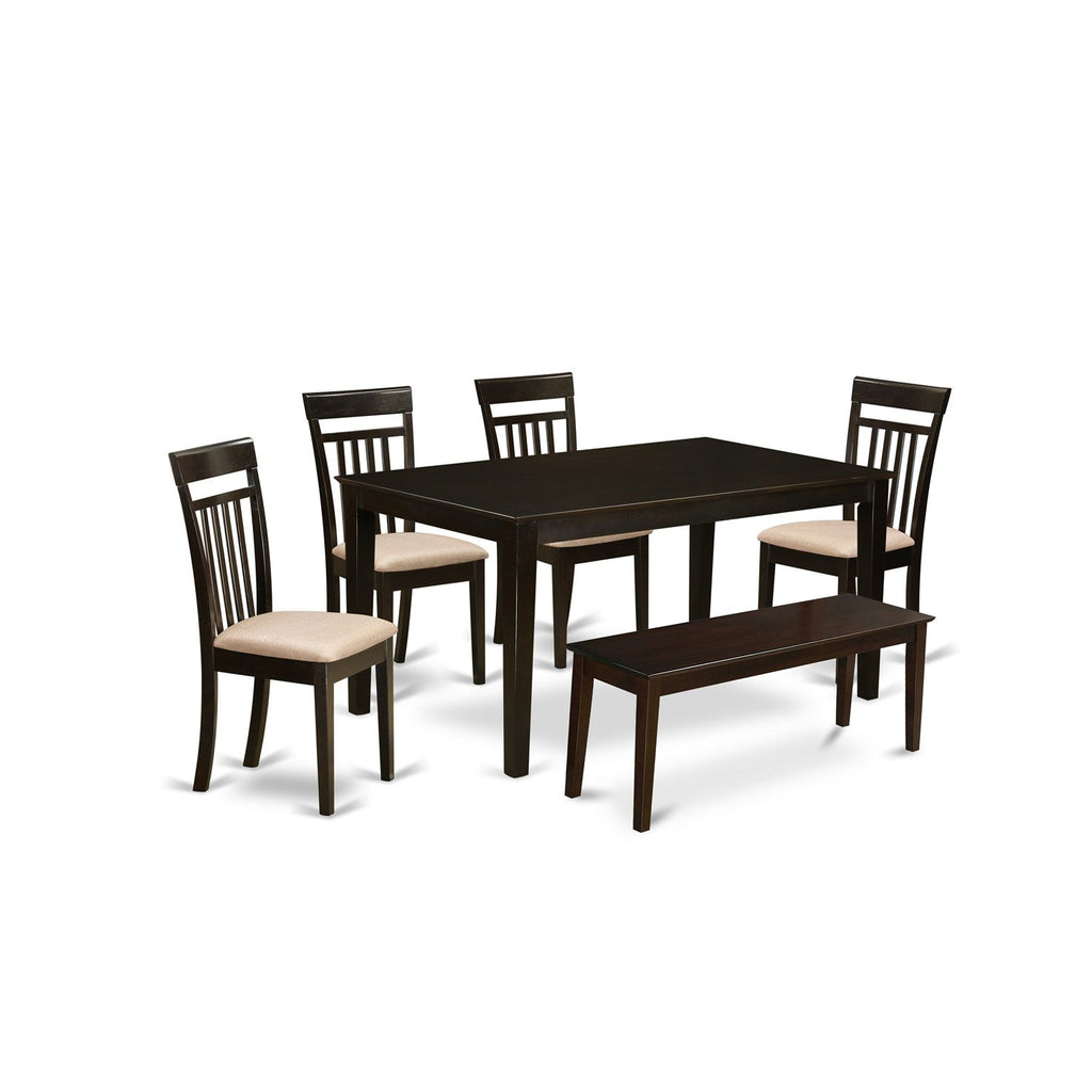 East West Furniture CAP6S-CAP-C 6 Piece Kitchen Table Set Contains a Rectangle Dining Table and 4 Linen Fabric Dining Room Chairs with a Bench, 36x60 Inch, Cappuccino