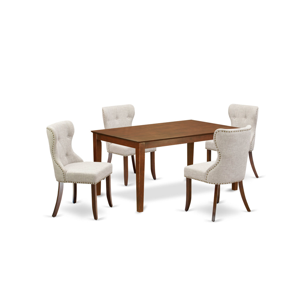 East West Furniture CASI5-MAH-35 5 Piece Kitchen Table Set for 4 Includes a Rectangle Dining Table and 4 Doeskin Linen Fabric Parson Dining Room Chairs, 36x60 Inch, Mahogany