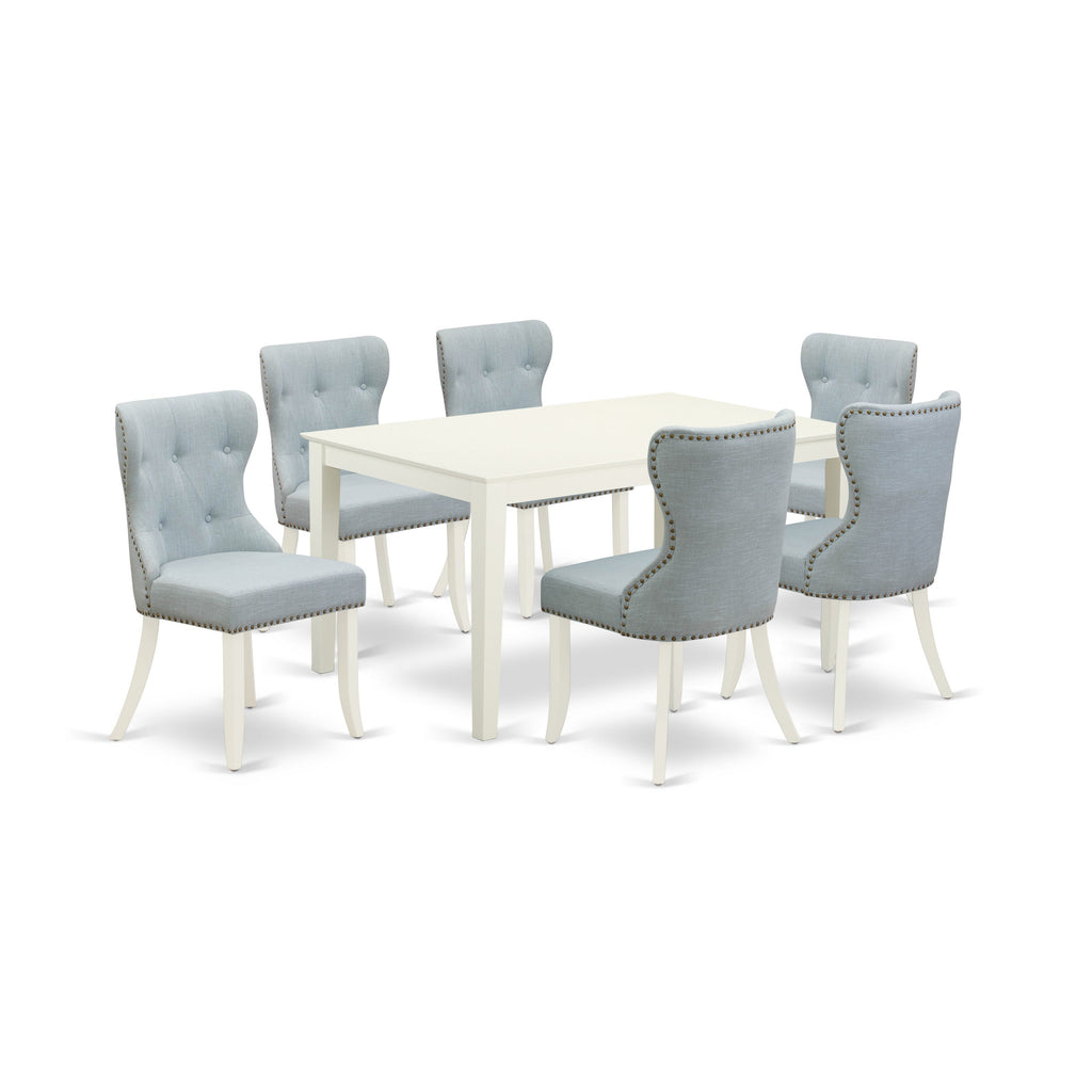 East West Furniture CASI7-LWH-15 7 Piece Kitchen Table Set Consist of a Rectangle Dining Table and 6 Baby Blue Linen Fabric Parsons Dining Chairs, 36x60 Inch, Linen White