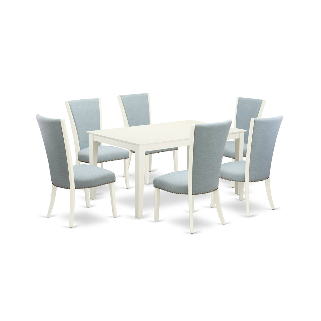 East West Furniture CAVE7-LWH-15 7 Piece Kitchen Table & Chairs Set Consist of a Rectangle Dining Room Table and 6 Baby Blue Linen Fabric Parsons Dining Chairs, 36x60 Inch, Linen White