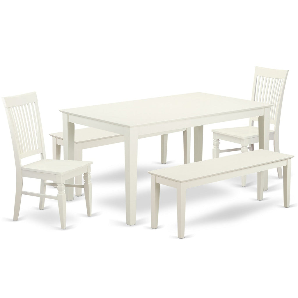 East West Furniture CAWE5C-LWH-W 5 Piece Dining Set Includes a Rectangle Dining Room Table and 2 Kitchen Chairs with 2 Benches, 36x60 Inch, Linen White