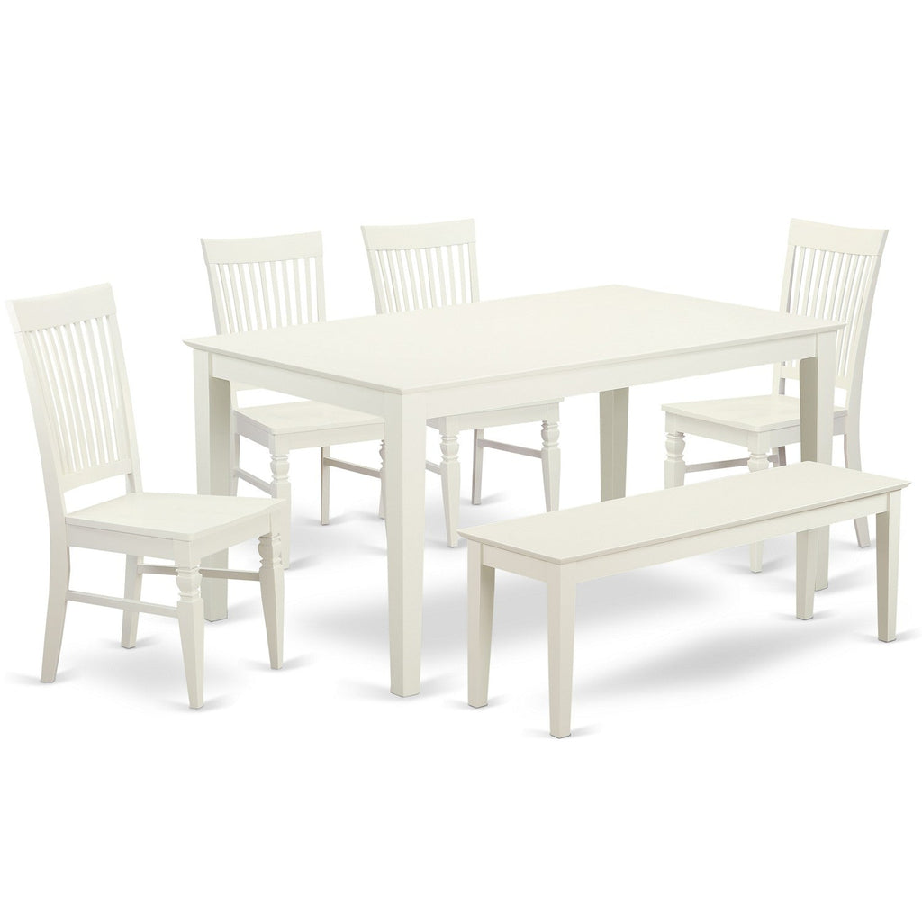 East West Furniture CAWE6-LWH-W 6 Piece Dining Set Contains a Rectangle Dining Room Table and 4 Kitchen Chairs with a Bench, 36x60 Inch, Linen White