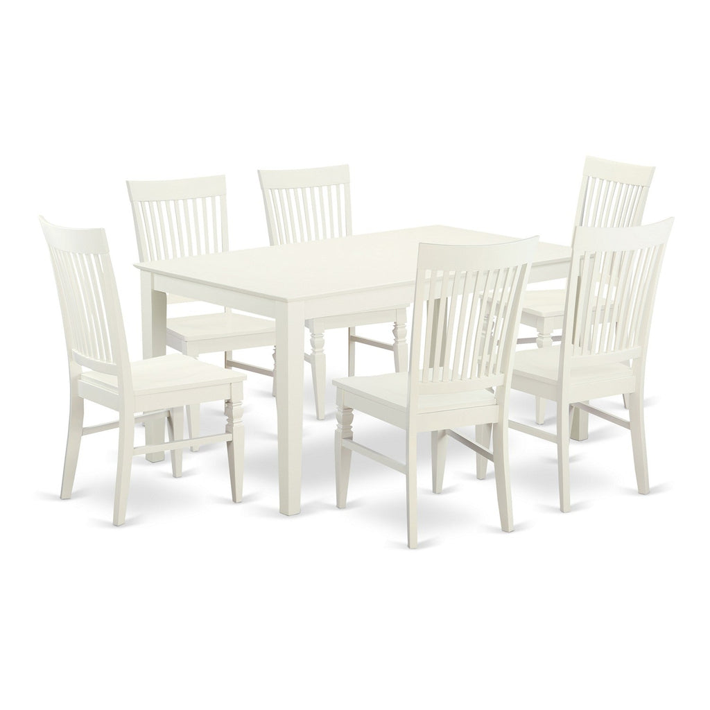 East West Furniture CAWE7-LWH-W 7 Piece Kitchen Table & Chairs Set Consist of a Rectangle Dining Room Table and 6 Solid Wood Seat Chairs, 36x60 Inch, Linen White