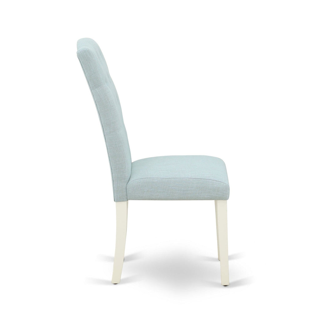 East West Furniture X026CE215-6 6-Piece -Baby Blue Linen Fabric Seat and Button Tufted Chair Back Kitchen chairs, A Rectangular Bench and Rectangular Top Modern Dining Table with Hardwood Legs - Linen White and Linen White Finish