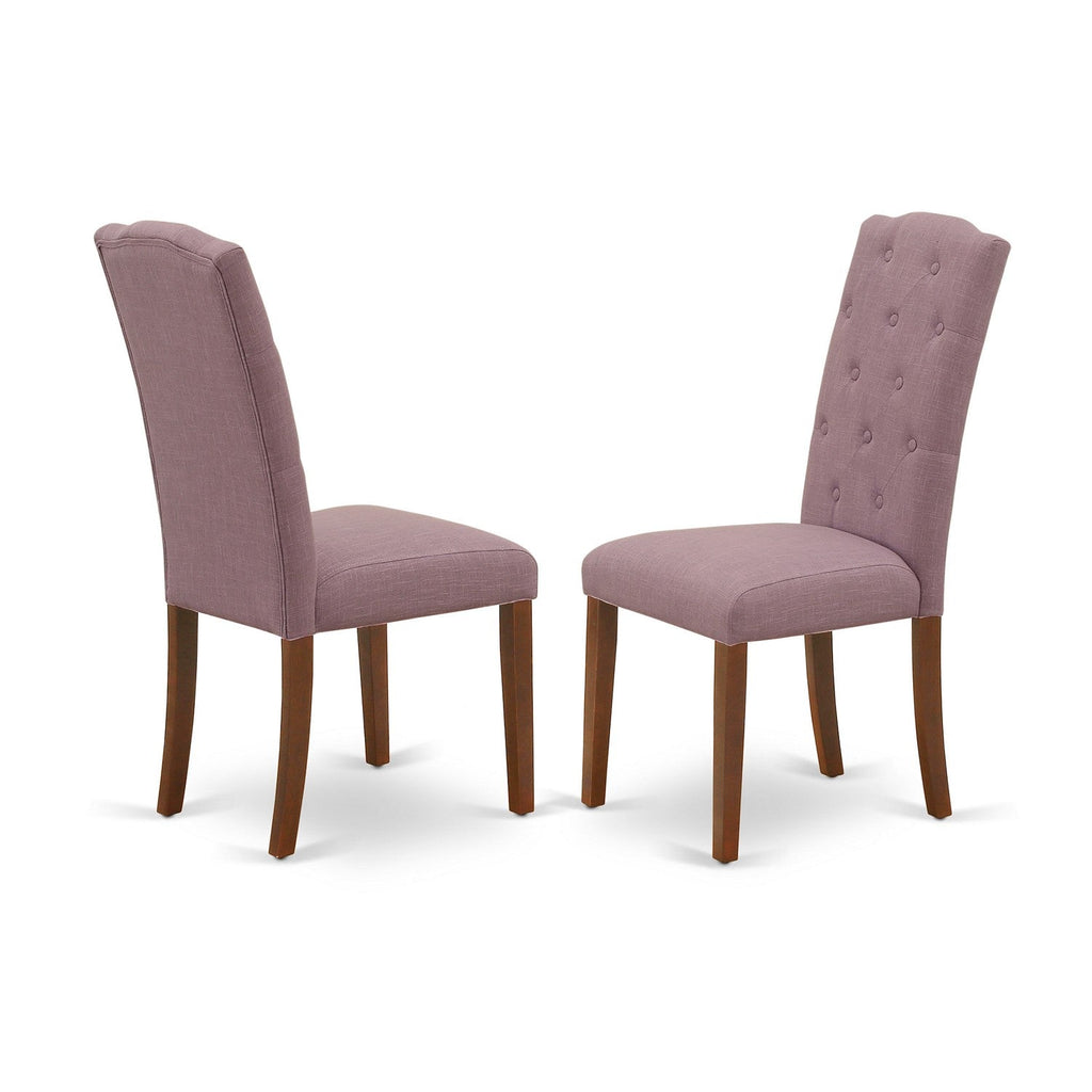 East West Furniture CEP3T10 Celina Parson Kitchen Chairs - Button Tufted Dahlia Linen Fabric Upholstered Dining Chairs, Set of 2, Mahogany