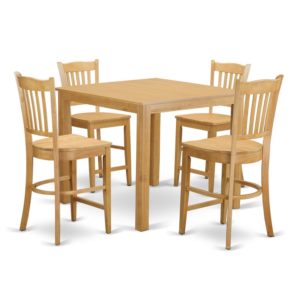 East West Furniture CFGR5-OAK-W 5 Piece Kitchen Counter Height Dining Table Set Includes a Square Dining Room Table and 4 Wooden Seat Chairs, 42x42 Inch, Oak