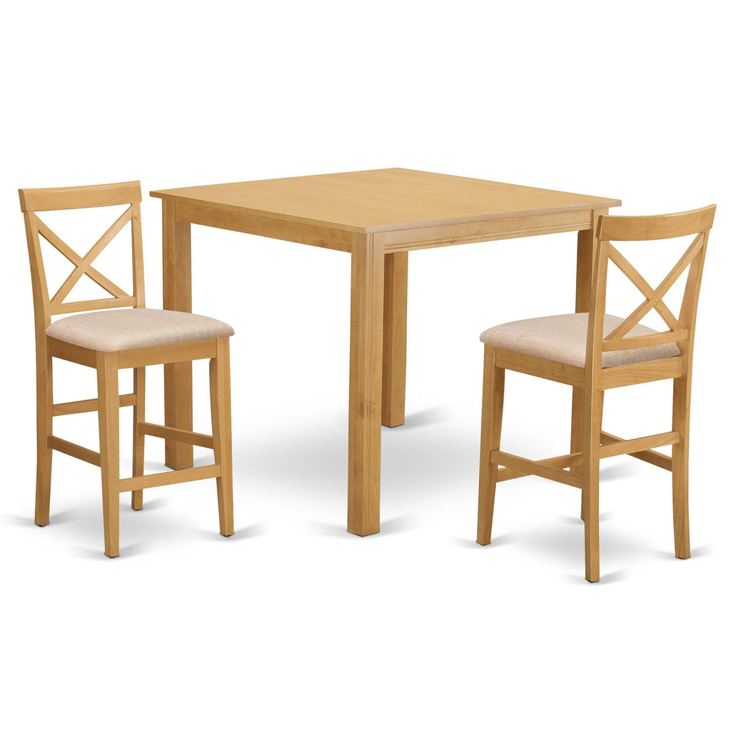 East West Furniture CFPB3-OAK-C 3 Piece Counter Height Pub Set for Small Spaces Contains a Square Dining Room Table and 2 Linen Fabric Upholstered Chairs, 42x42 Inch, Oak
