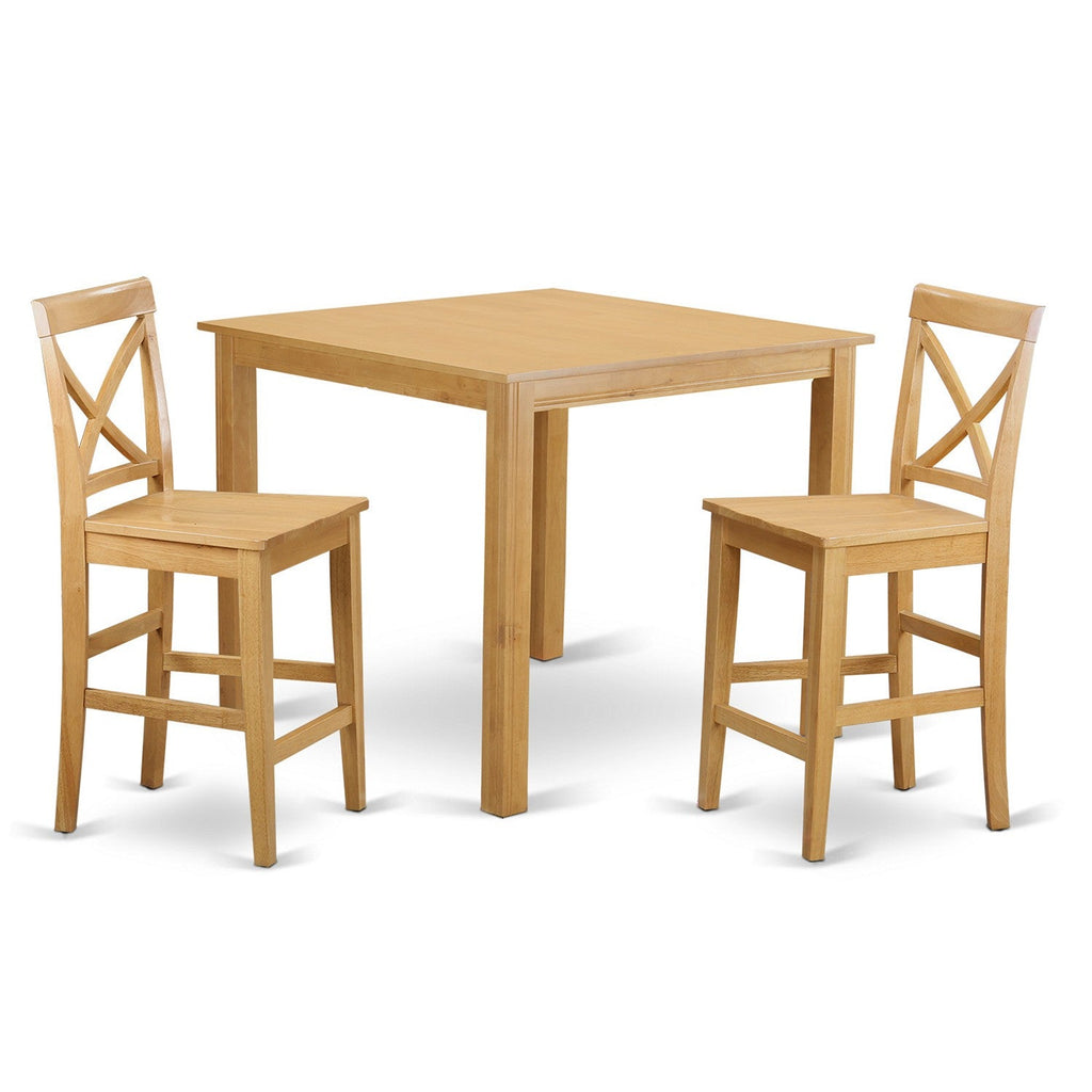 East West Furniture CFPB3-OAK-W 3 Piece Counter Height Dining Table Set Contains a Square Kitchen Table and 2 Dining Room Chairs, 42x42 Inch, Oak