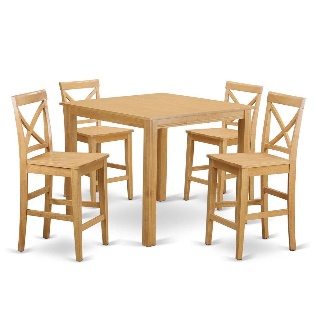 East West Furniture CFPB5-OAK-W 5 Piece Kitchen Counter Set Includes a Square Dining Room Table and 4 Dining Chairs, 42x42 Inch, Oak