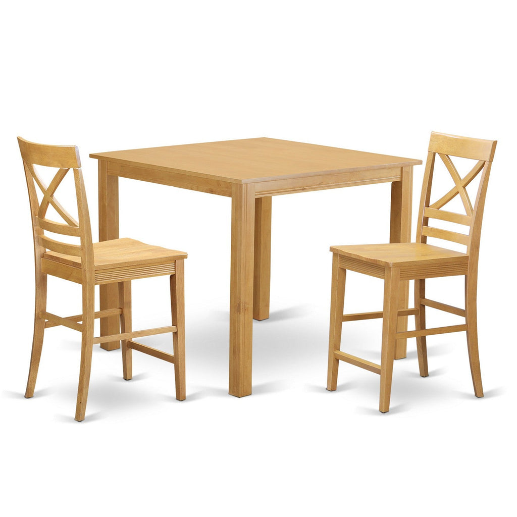 East West Furniture CFQU3-OAK-W 3 Piece Kitchen Counter Height Dining Table Set Contains a Square Dining Room Table and 2 Wooden Seat Chairs, 42x42 Inch, Oak