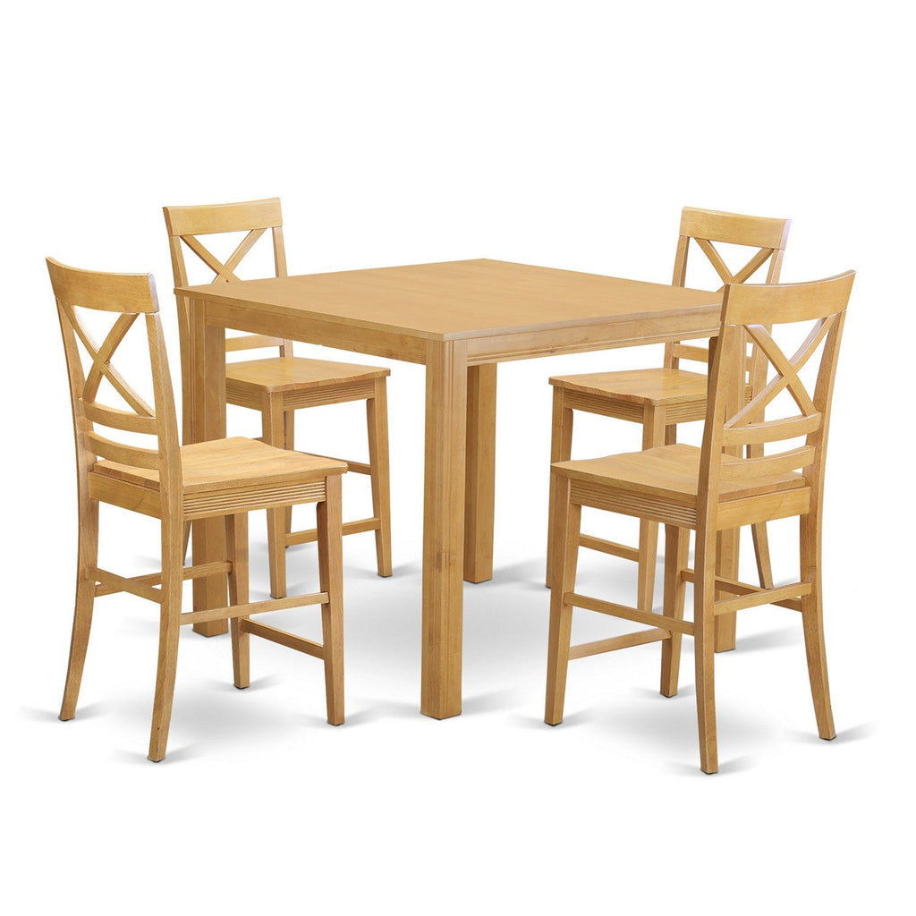 East West Furniture CFQU5-OAK-W 5 Piece Counter Height Pub Set Includes a Square Dining Table and 4 Dining Room Chairs, 42x42 Inch, Oak