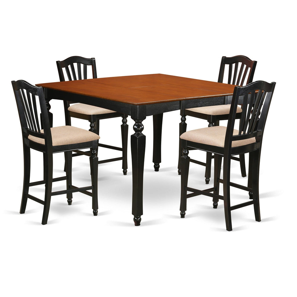 East West Furniture CHEL5-BLK-C 5 Piece Kitchen Counter Set Includes a Square Dining Room Table with Butterfly Leaf and 4 Linen Fabric Upholstered Dining Chairs, 54x54 Inch, Black & Cherry