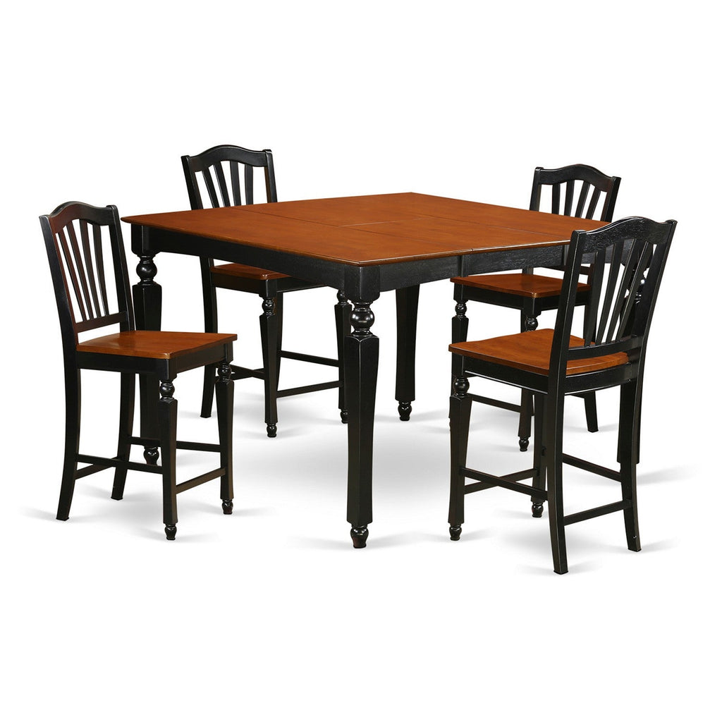 East West Furniture CHEL5-BLK-W 5 Piece Counter Height Dining Set Includes a Square Kitchen Table with Butterfly Leaf and 4 Dining Chairs, 54x54 Inch, Black & Cherry