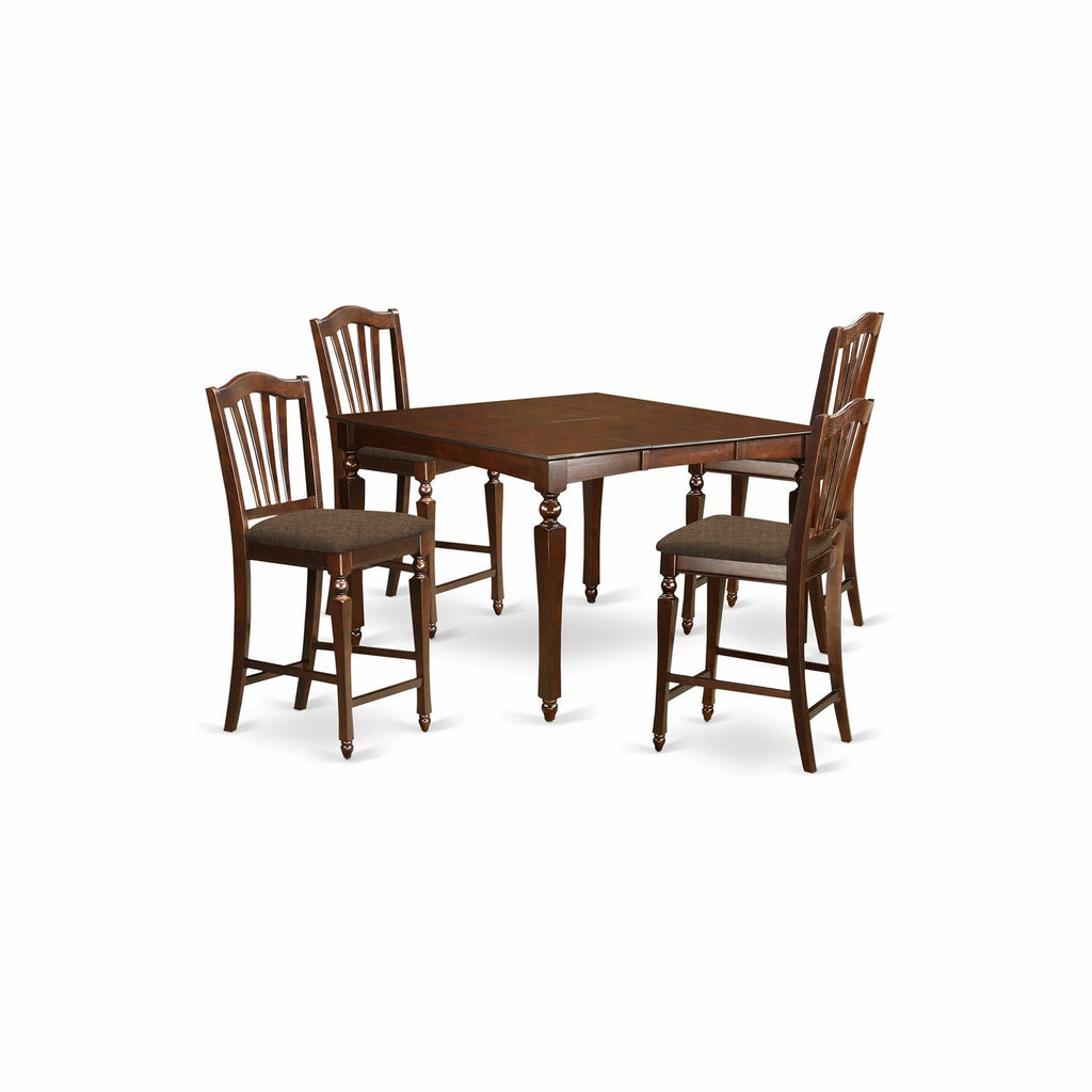 East West Furniture CHEL5-MAH-C 5 Piece Counter Height Dining Set Includes a Square Dining Room Table with Butterfly Leaf and 4 Linen Fabric Upholstered Chairs, 54x54 Inch, Mahogany