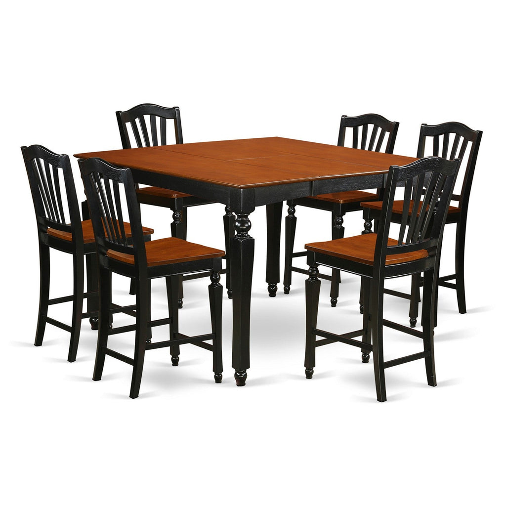 East West Furniture CHEL7-BLK-W 7 Piece Counter Height Pub Set Consist of a Square Dining Table with Butterfly Leaf and 6 Dining Room Chairs, 54x54 Inch, Black & Cherry