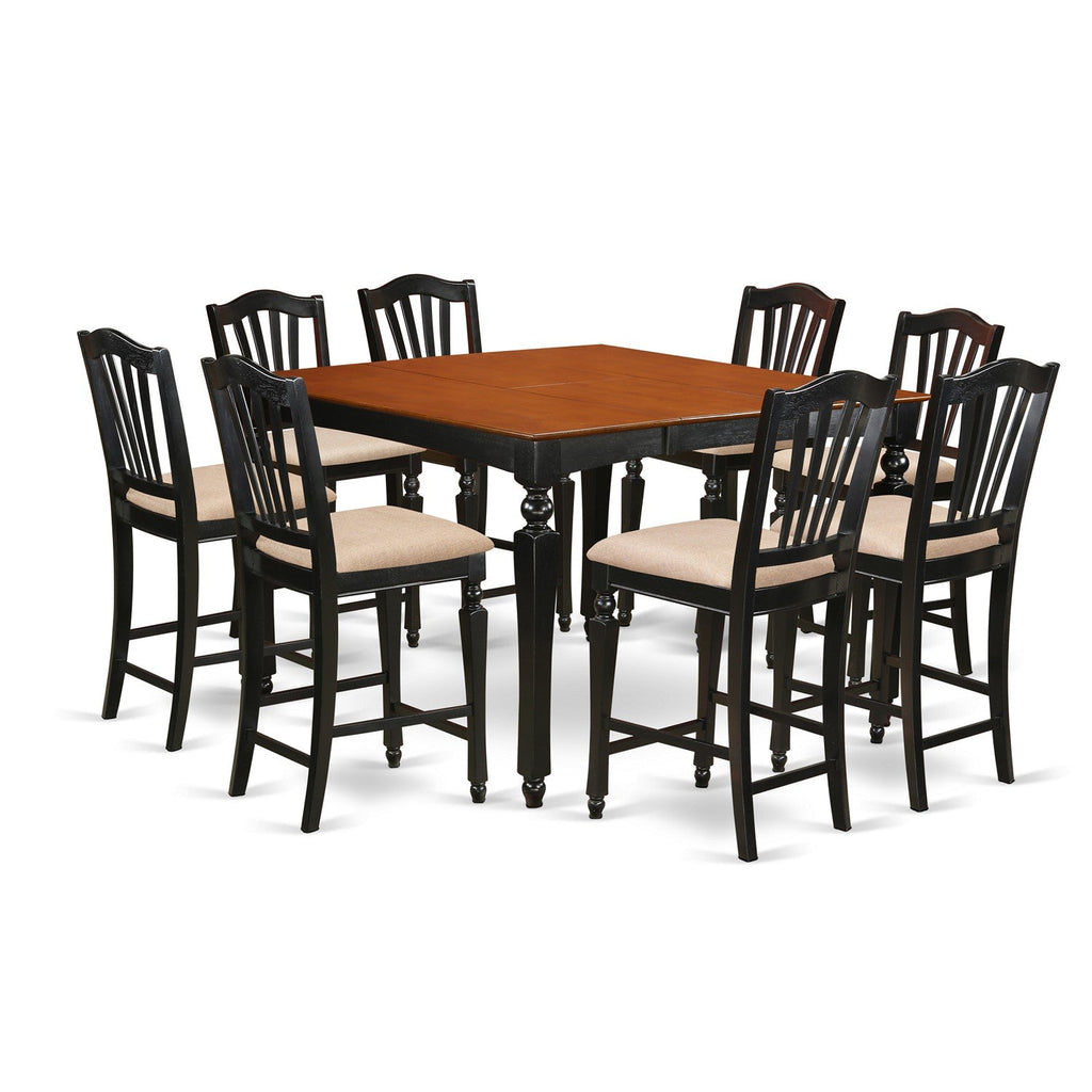 East West Furniture CHEL9-BLK-C 9 Piece Kitchen Counter Set Includes a Square Dining Table with Butterfly Leaf and 8 Linen Fabric Dining Room Chairs, 54x54 Inch, Black & Cherry