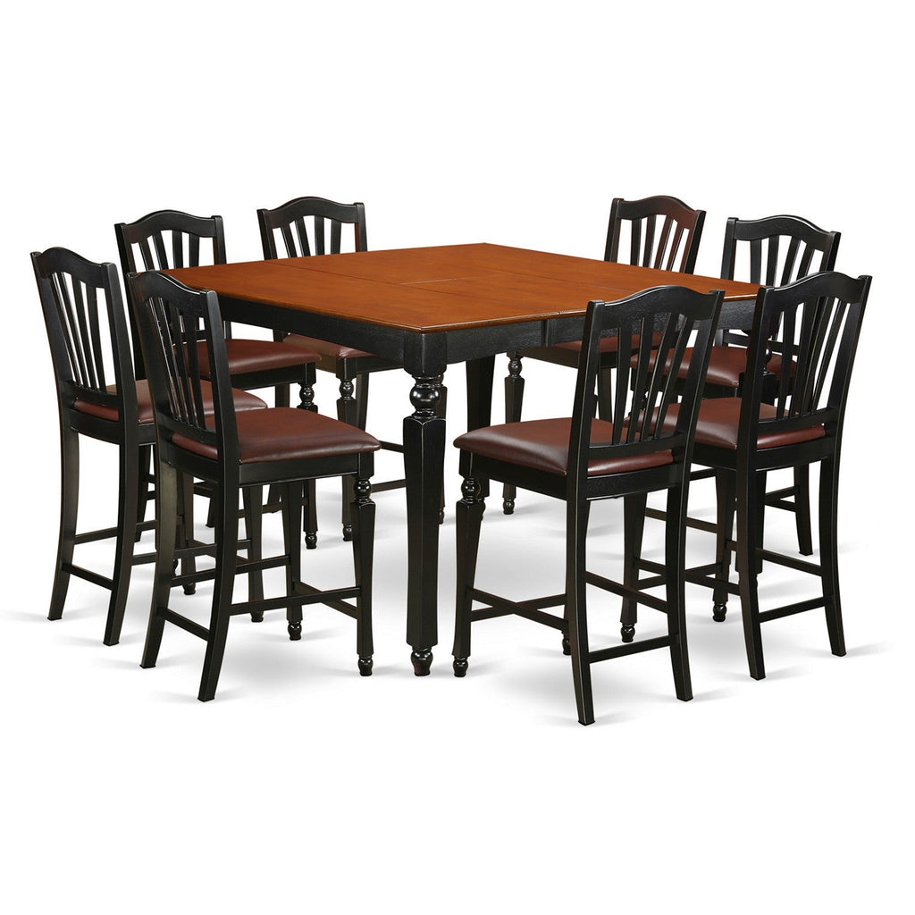 East West Furniture CHEL9-BLK-LC 9 Piece Counter Height Dining Set Includes a Square Kitchen Table with Butterfly Leaf and 8 Faux Leather Dining Room Chairs, 54x54 Inch, Black & Cherry