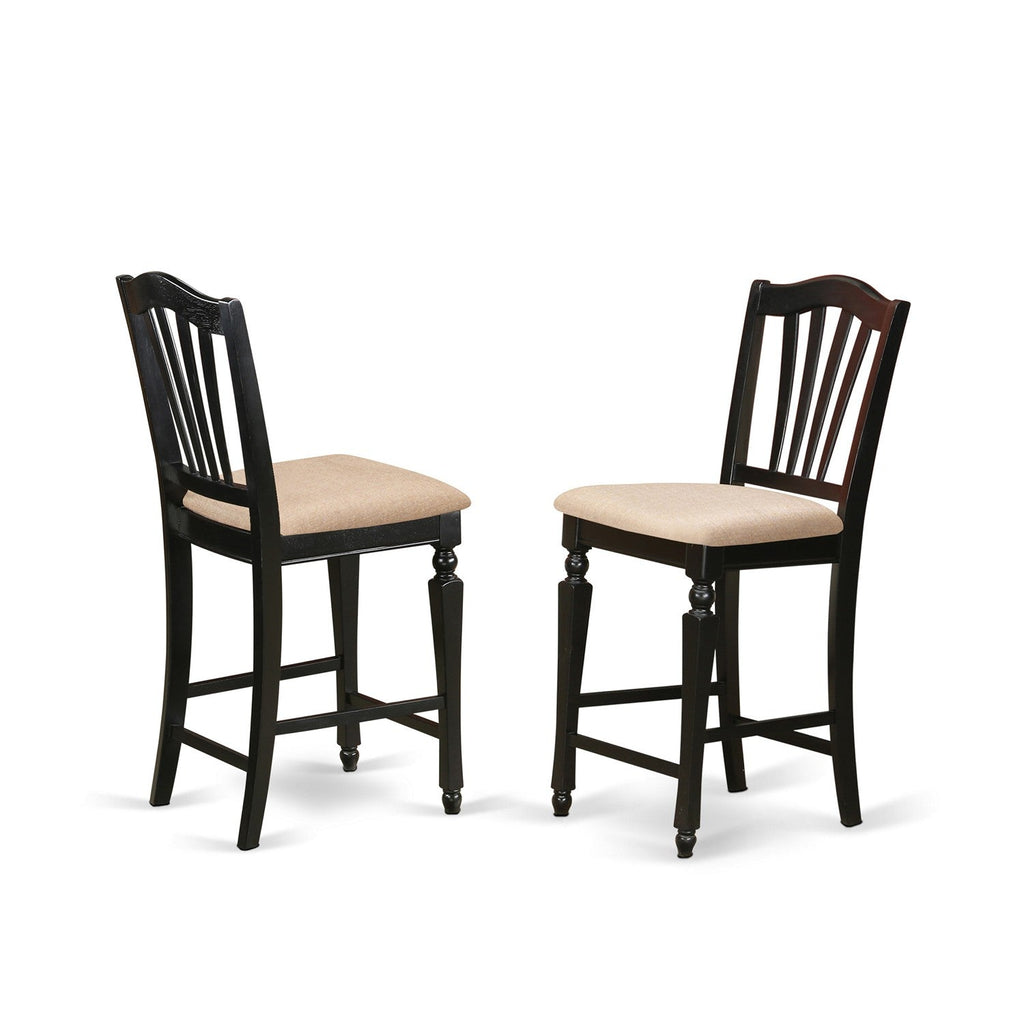 East West Furniture TRCH3-BLK-C 3 Piece Counter Height Dining Set for Small Spaces Contains a Round Kitchen Table and 2 Linen Fabric Dining Room Chairs, 42x42 Inch, Black & Cherry
