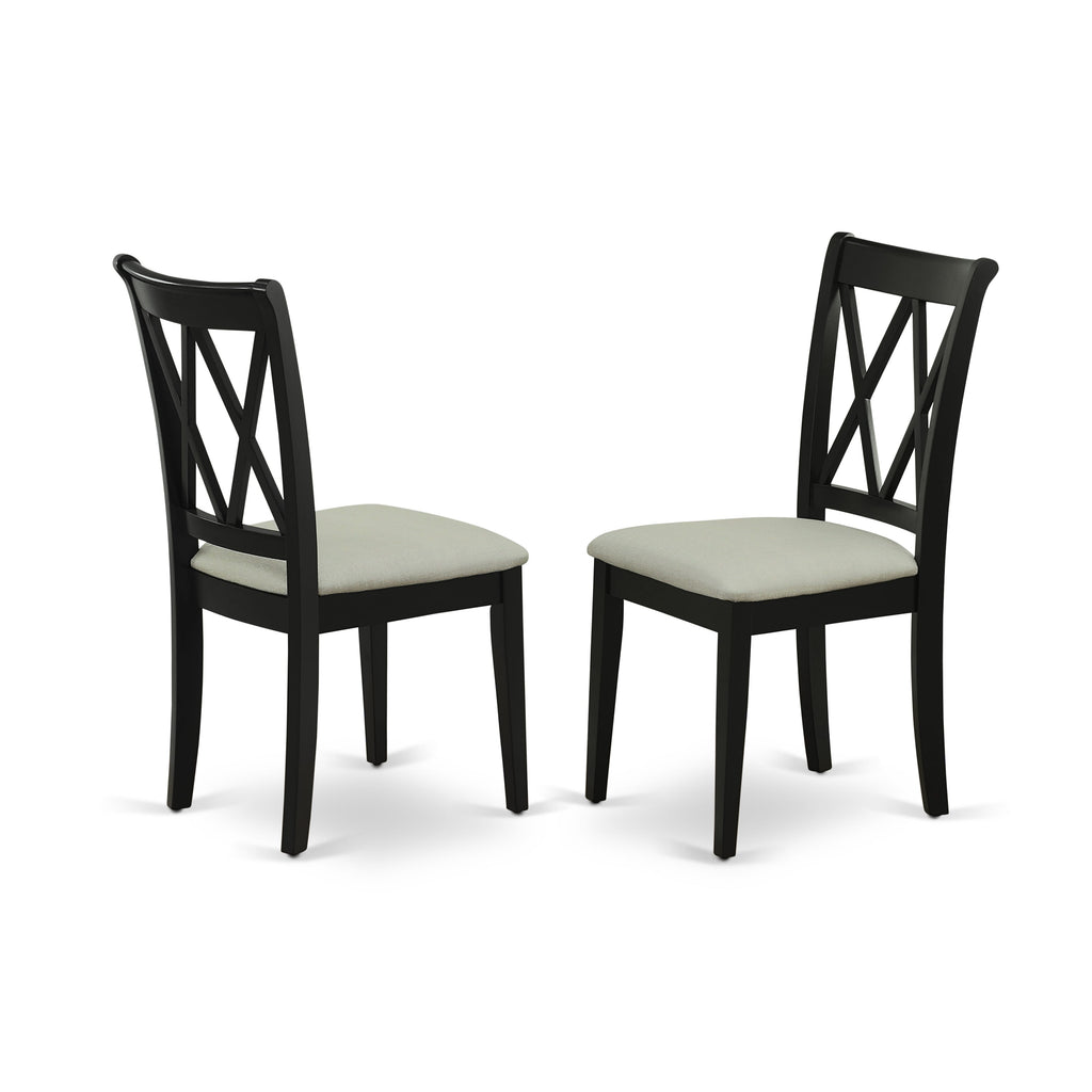 East West Furniture ESCL3-BCH-C 3 Piece Dining Room Table Set Contains a Round Kitchen Table with Pedestal and 2 Linen Fabric Upholstered Dining Chairs, 30x30 Inch, Black & Cherry