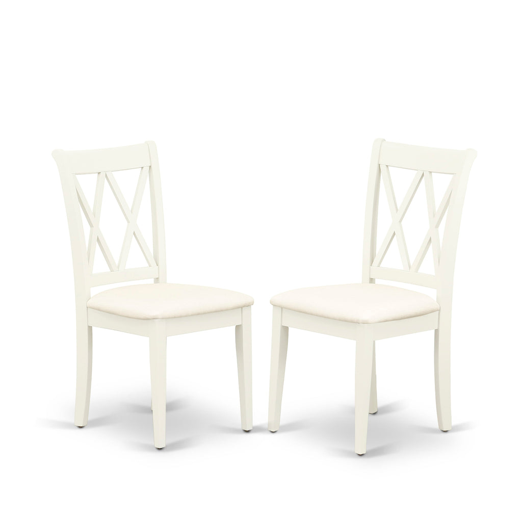 East West Furniture BOCL3-WHI-C 3 Piece Dining Room Table Set Contains a Round Wooden Table and 2 Linen Fabric Kitchen Dining Chairs, 42x42 Inch, Linen White
