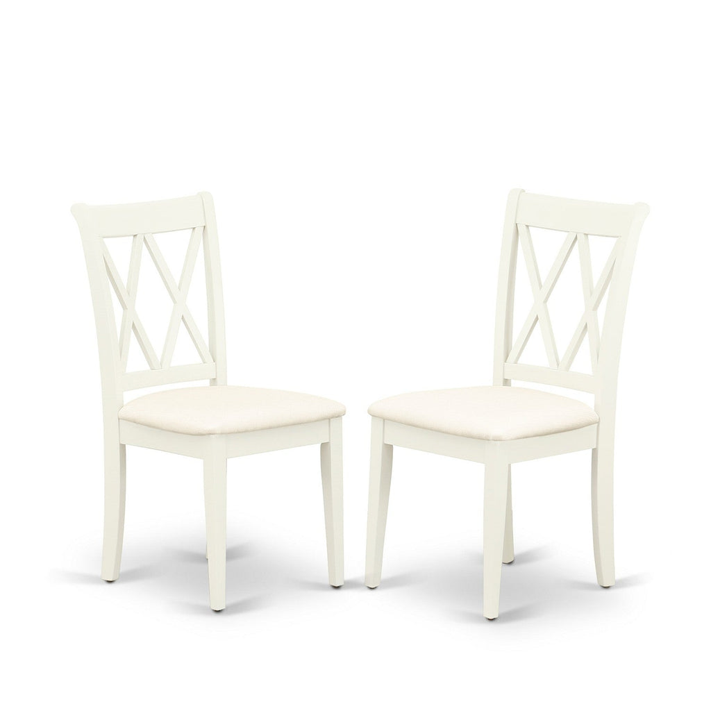 East West Furniture SHCL3-WHI-C 3 Piece Dining Room Furniture Set Contains a Round Kitchen Table with Pedestal and 2 Linen Fabric Upholstered Dining Chairs, 42x42 Inch, Linen White