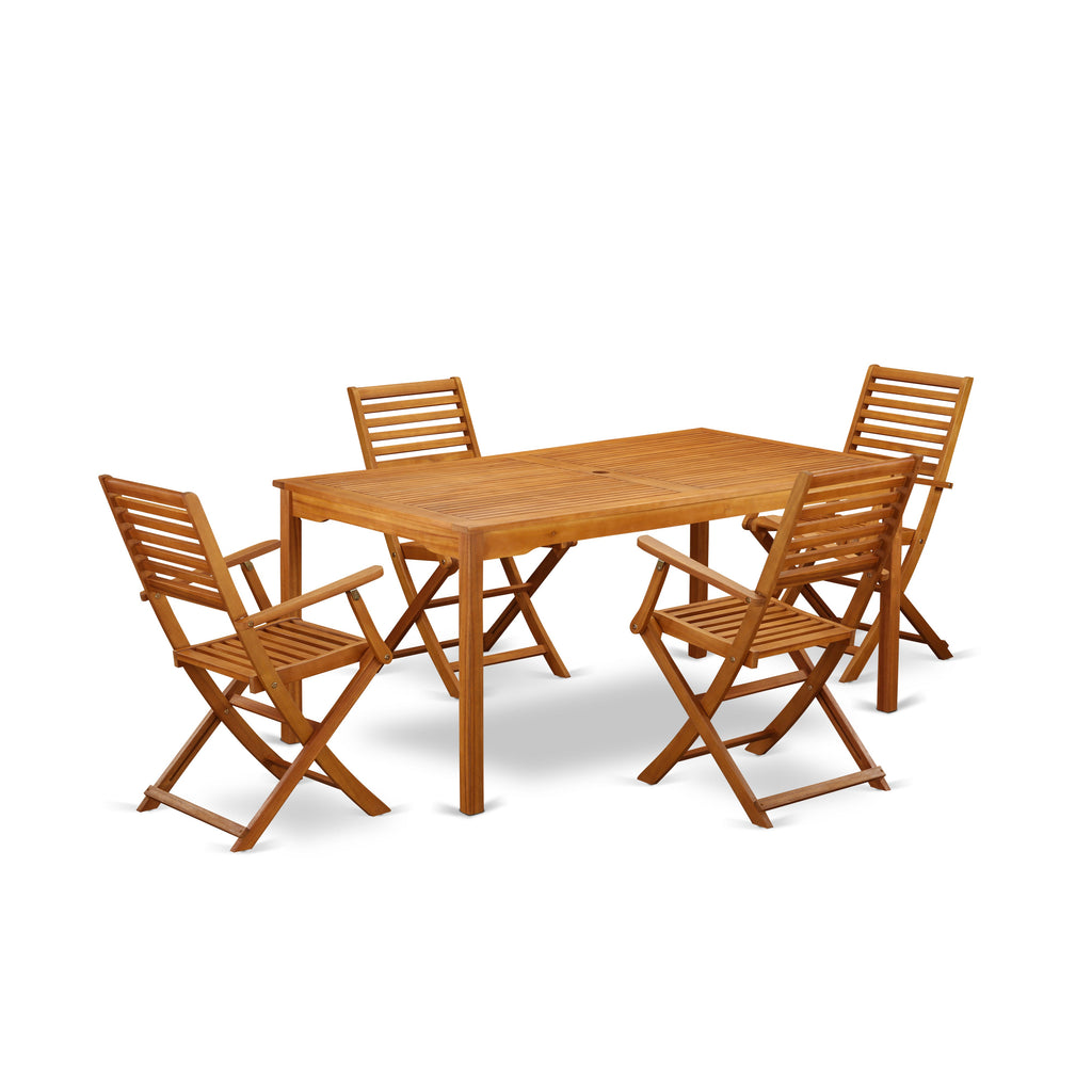 East West Furniture CMBS5CANA 5 Piece Patio Dining Set Includes a Rectangle Outdoor Acacia Wood Table and 4 Folding Arm Chairs, 36x66 Inch, Natural Oil