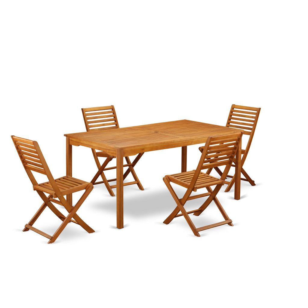 East West Furniture CMBS5CWNA 5 Piece Patio Garden Table Set Includes a Rectangle Outdoor Acacia Wood Dining Table and 4 Folding Side Chairs, 36x66 Inch, Natural Oil