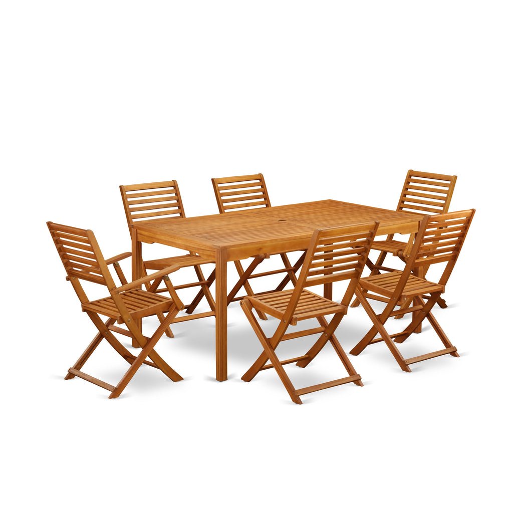 East West Furniture CMBS72CANA 7 Piece Patio Bistro Dining Set Consist of a Rectangle Outdoor Acacia Wood Table and 2 Folding Arm Chairs with 4 Side Chairs, 36x66 Inch, Natural Oil