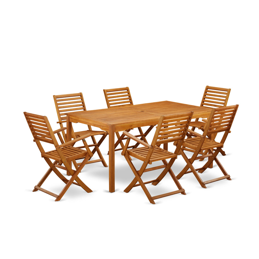 East West Furniture CMBS7CANA 7 Piece Outdoor Patio Dining Sets Consist of a Rectangle Acacia Wood Table and 6 Folding Arm Chairs, 36x66 Inch, Natural Oil