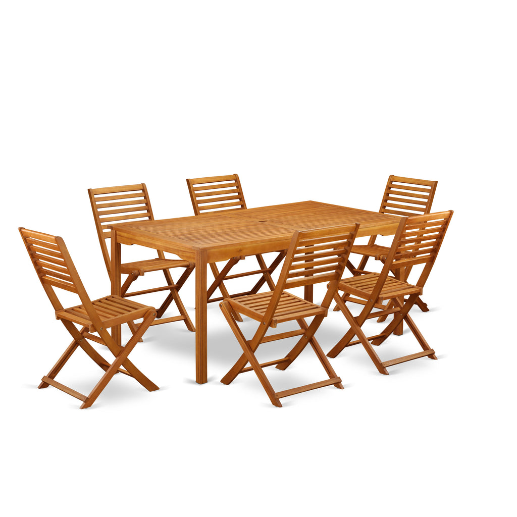 East West Furniture CMBS7CWNA 7 Piece Patio Dining Set Consist of a Rectangle Outdoor Acacia Wood Table and 6 Folding Side Chairs, 36x66 Inch, Natural Oil