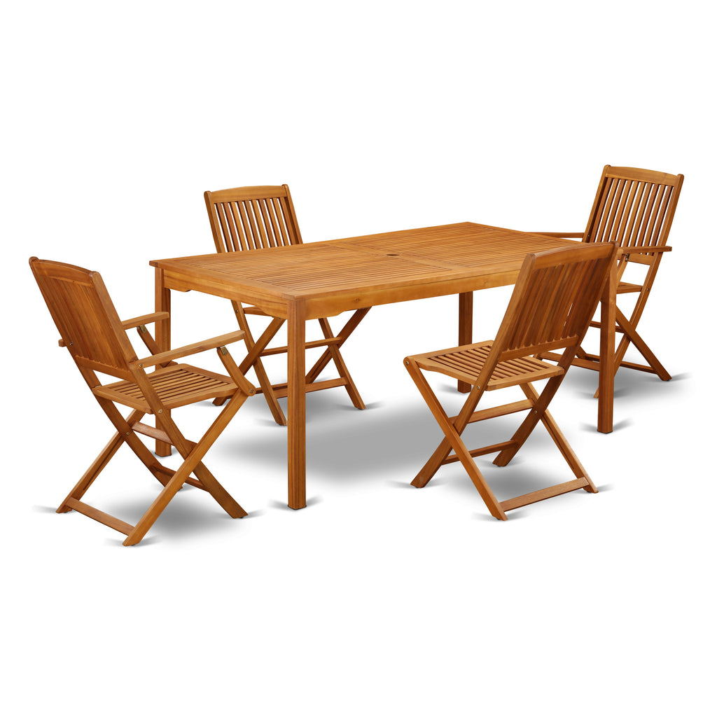 East West Furniture CMCM52CANA 5 Piece Patio Dining Set Includes a Rectangle Outdoor Acacia Wood Table and 2 Folding Arm Chairs with 2 Side Chairs, 36x66 Inch, Natural Oil