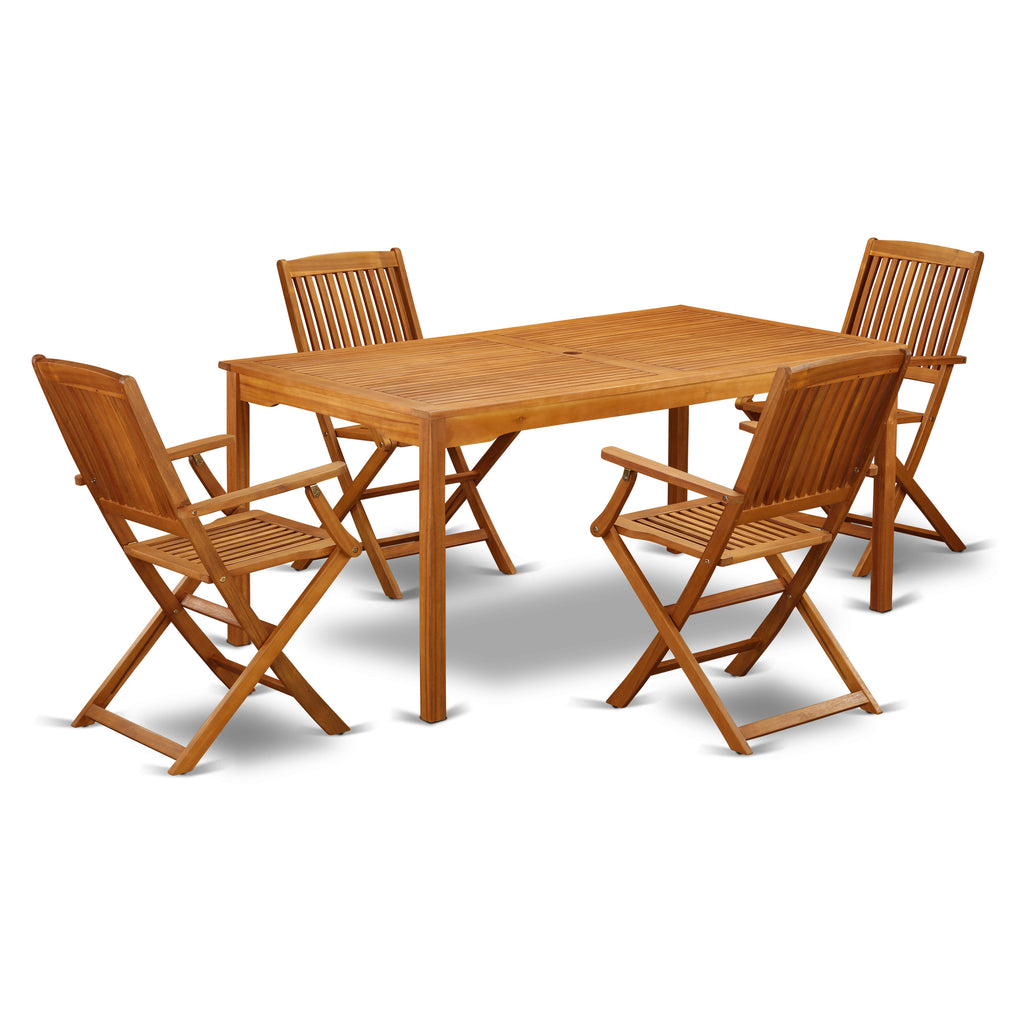 East West Furniture CMCM5CANA 5 Piece Patio Bistro Dining Furniture Set Includes a Rectangle Outdoor Acacia Wood Table and 4 Folding Arm Chairs, 36x66 Inch, Natural Oil