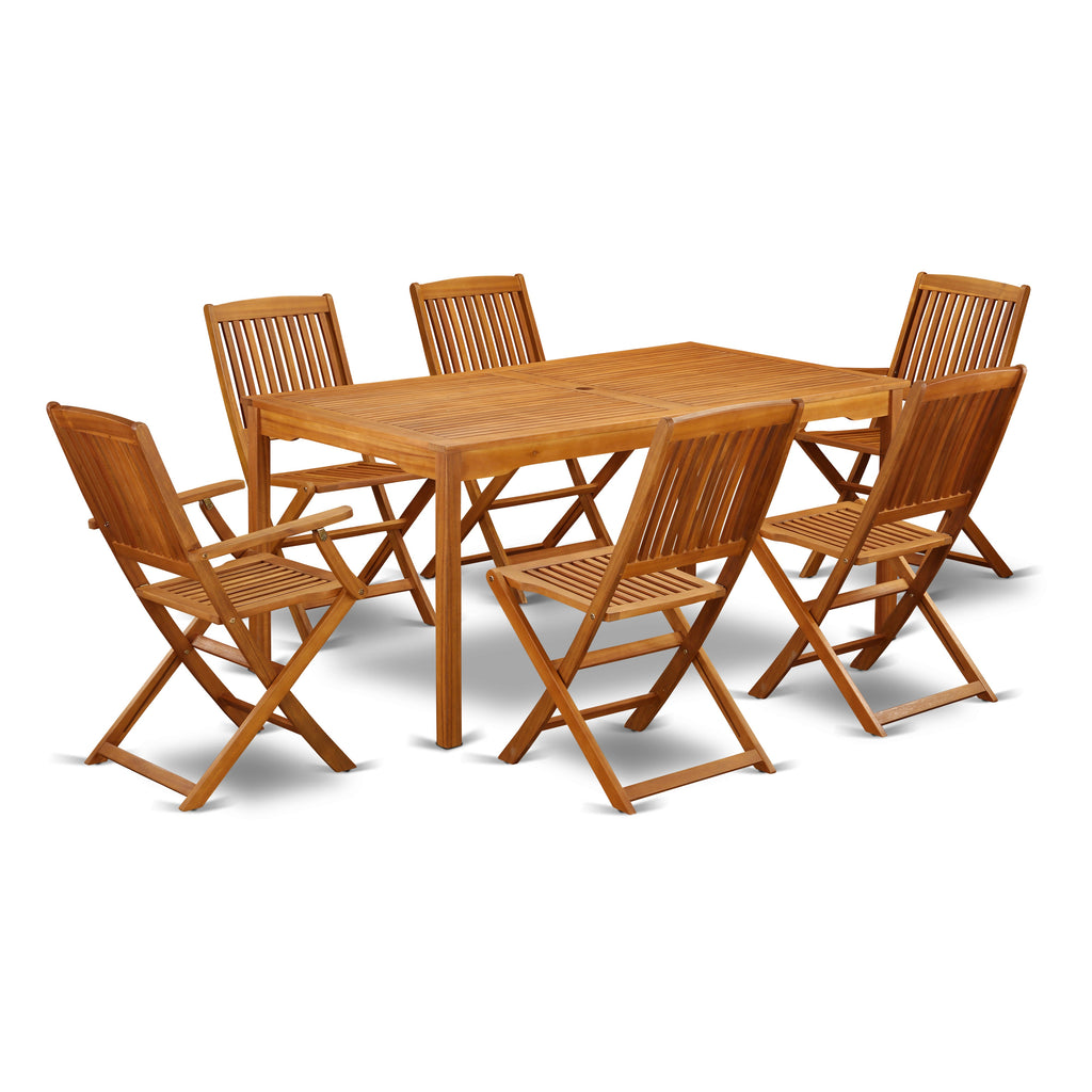 East West Furniture CMCM72CANA 7 Piece Patio Dining Set Consist of a Rectangle Outdoor Acacia Wood Table and 2 Folding Arm Chairs with 4 Side Chairs, 36x66 Inch, Natural Oil