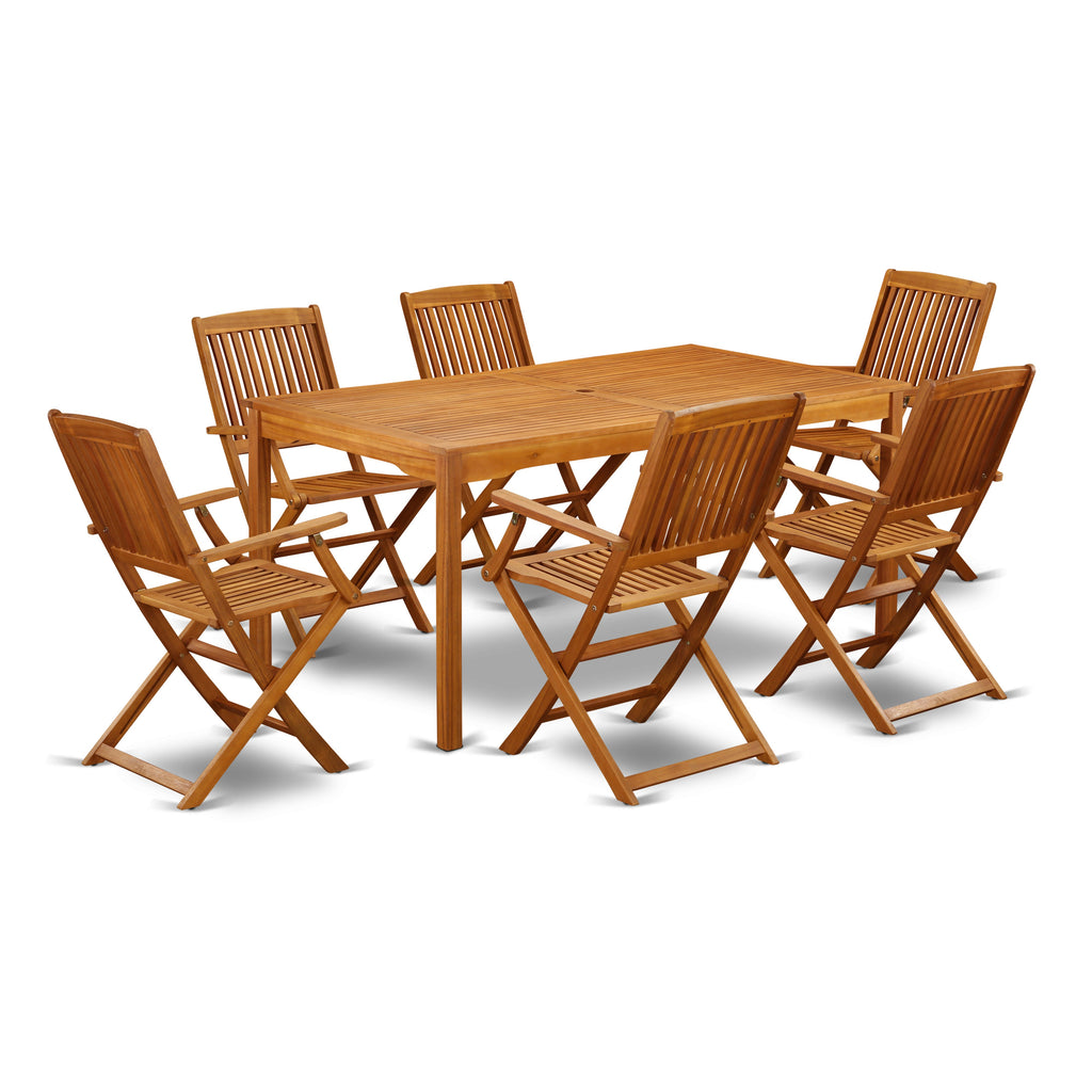 East West Furniture CMCM7CANA 7 Piece Patio Garden Table Set Consist of a Rectangle Outdoor Acacia Wood Dining Table and 6 Folding Arm Chairs, 36x66 Inch, Natural Oil