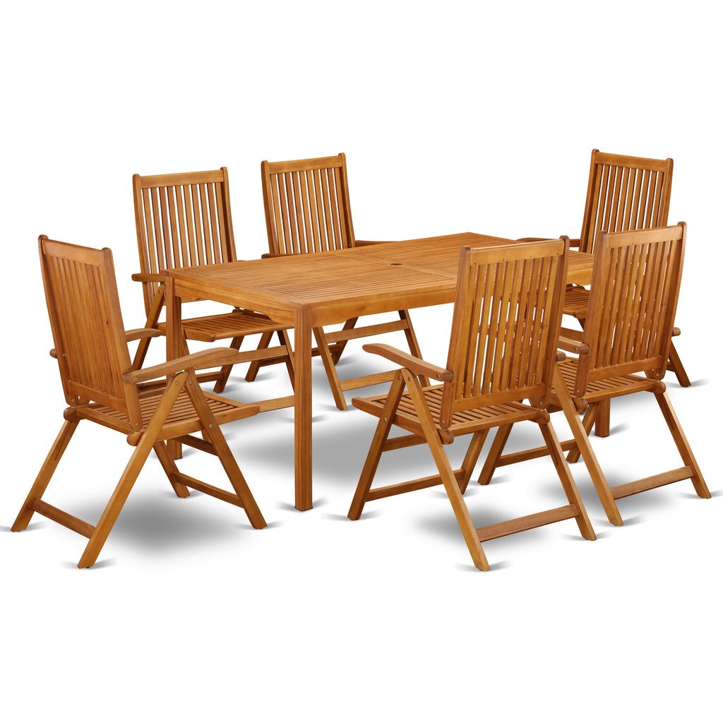 East West Furniture CMCN7NC5N 7 Piece Patio Bistro Dining Furniture Set Consist of a Rectangle Outdoor Acacia Wood Table and 6 Folding Adjustable Arm Chairs, 36x66 Inch, Natural Oil