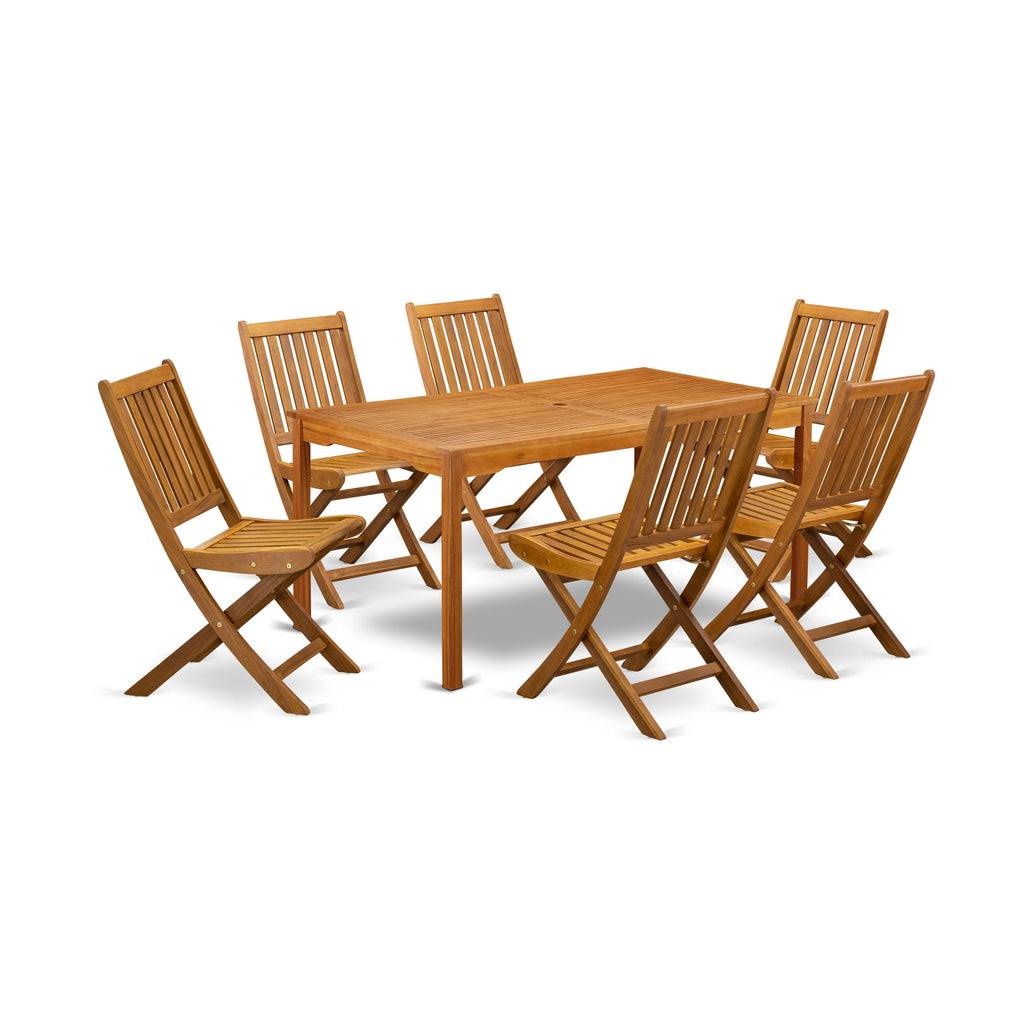 East West Furniture CMDK7CWNA 7 Piece Patio Dining Set Consist of a Rectangle Outdoor Acacia Wood Table and 6 Folding Side Chairs, 35x66 Inch, Natural Oil